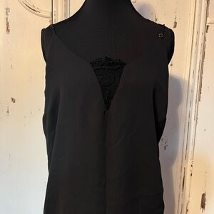 Large black womens tank , cute lace front v neck detailing